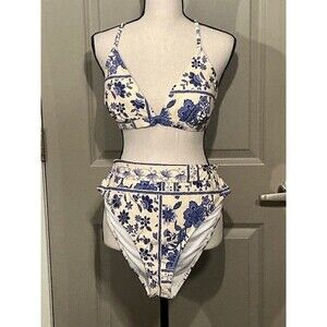 Cupshe Live Life on the Beach Off White and Blue Floral 2 Piece Swim Suit Sz XL
